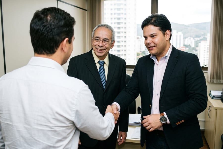 Sócios da agência cumprimentando cliente durante atendimento reservado